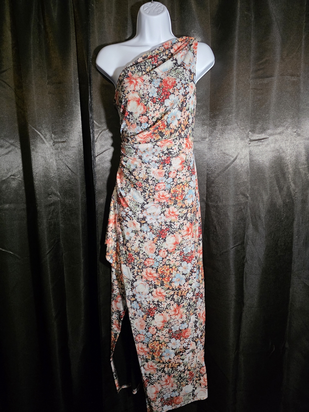 Floral One-Shoulder Maxi Dress in Coral & Cream